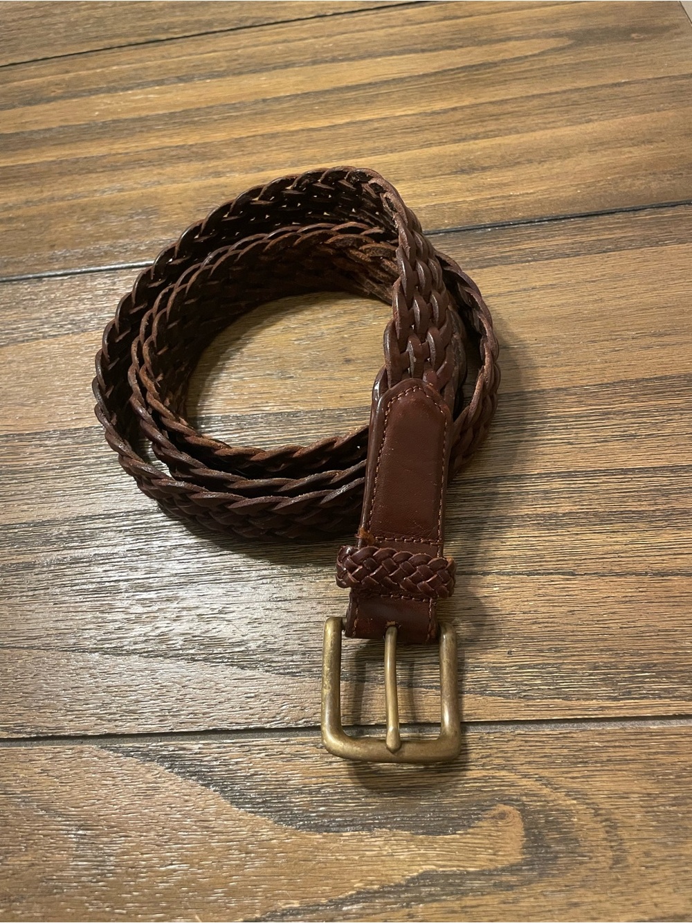 Mens Lands' End Braided Belt Size 44 Brown Woven Leather Brass Buckle Preppy 90s
